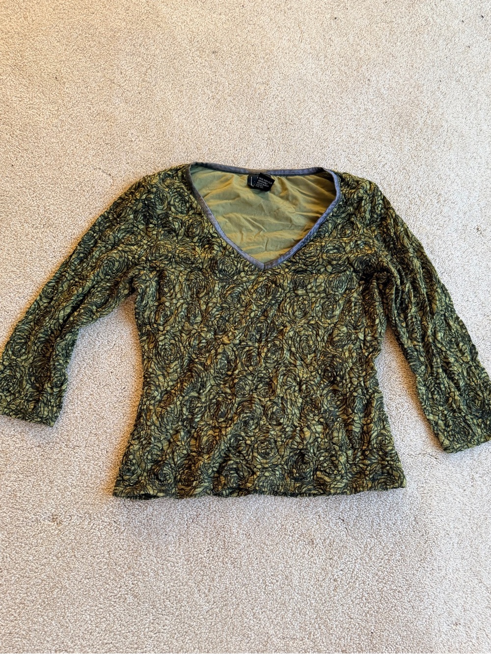 INC Olive Green V-Neck 3/4 Sleeve Textured Top